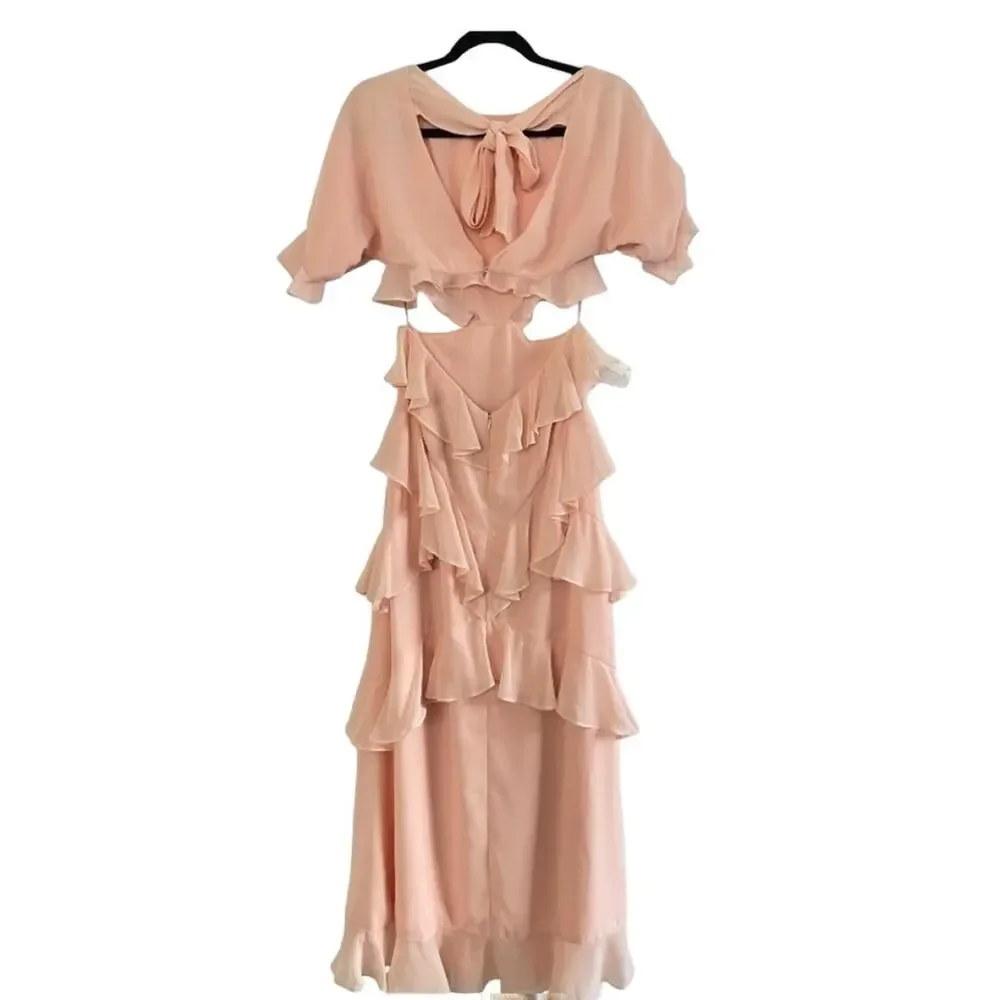 Fame and Partners Marissa Ruffle Maxi Dress Pale Pink Lined Boho Size 2 NWT